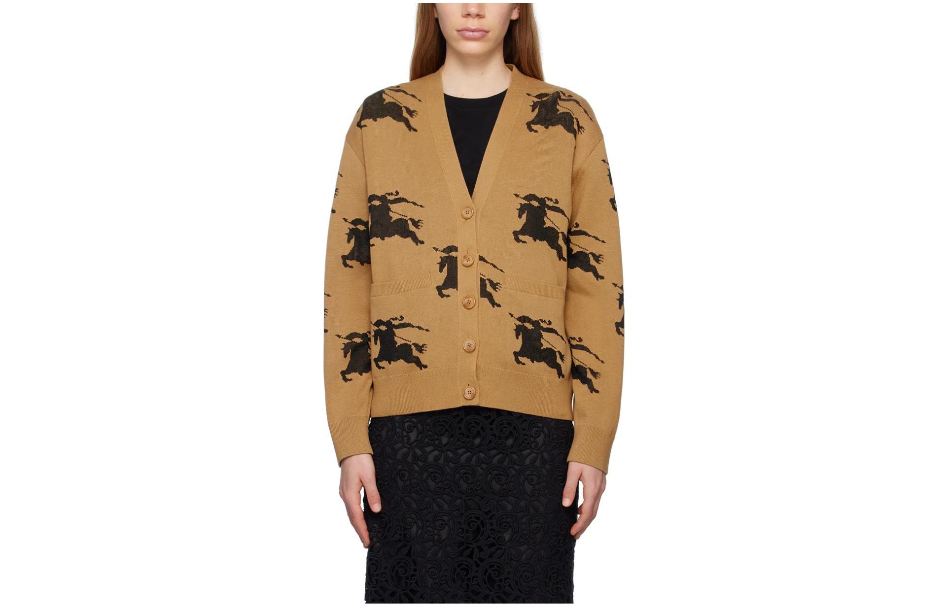 (Women) Burberry  V-Neck Button Knit Sweater with Print - Camel Color. 80703281