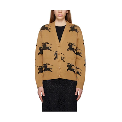 (Women) Burberry V-Neck Button Knit Sweater with Print - Camel Color. 80703281