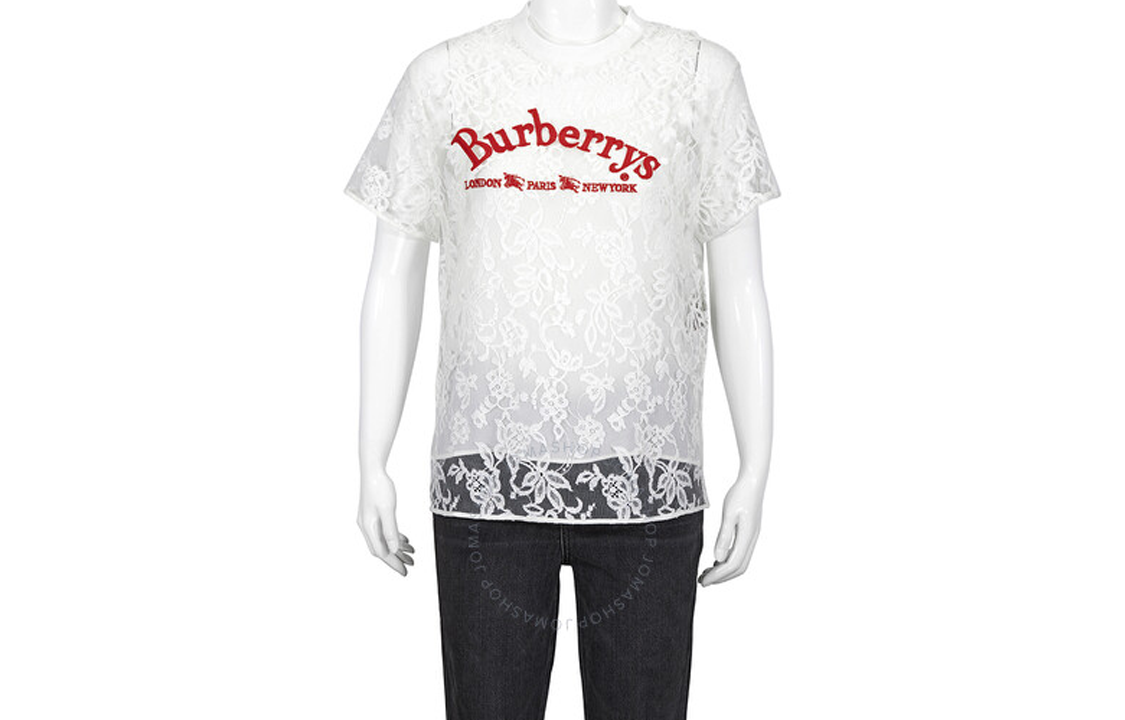(Women) Burberry  White Lace Embroidered Logo Short Sleeve T-Shirt 8002885
