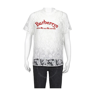 (Women) Burberry White Lace Embroidered Logo Short Sleeve T-Shirt 8002885