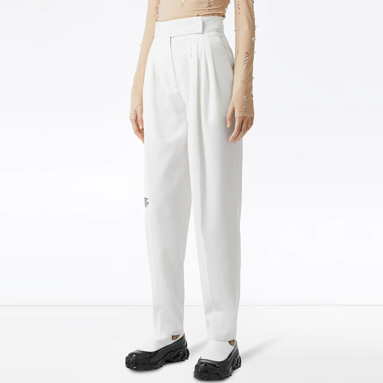 (Women) Burberry  White Mid-Waist Pleated Pants with Logo Print. 80244761 圖 4