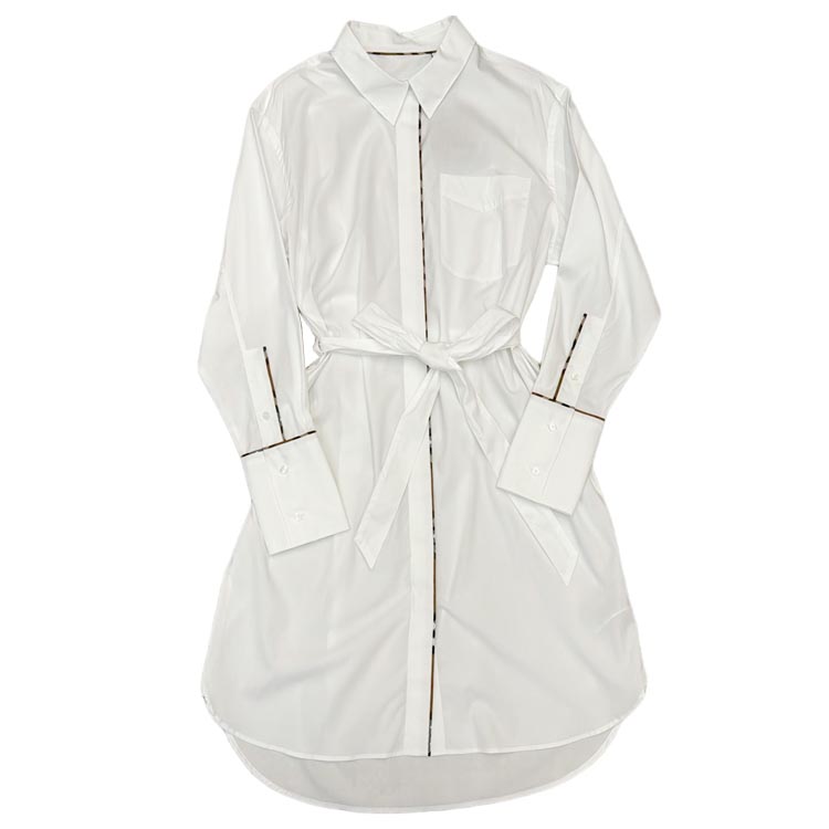 (Women) Burberry  White Short Single-Breasted Long Sleeve Dress with Striped Trim 80843061