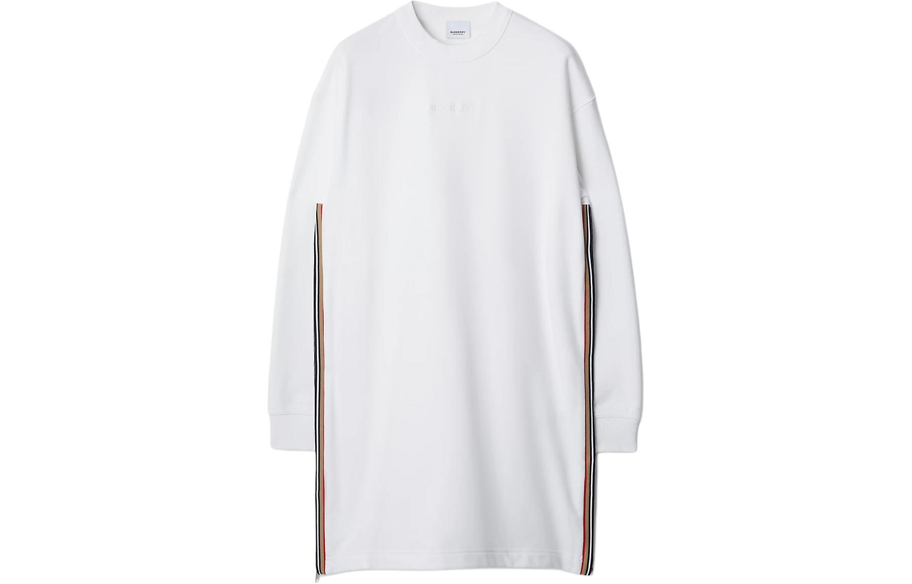 Order (W) Vestido de manga larga Burberry blanco con rayas y logo bordado. 80844351