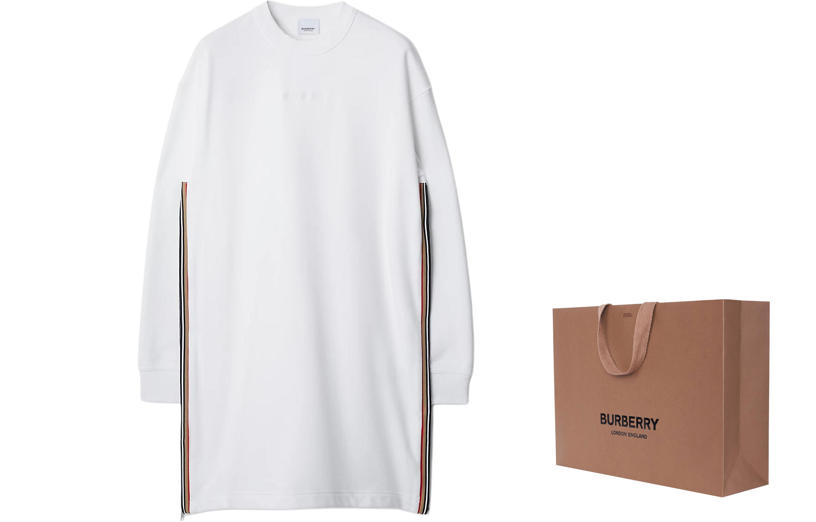 Shop (W) Vestido de manga larga Burberry blanco con rayas y logo bordado. 80844351