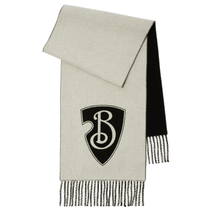 (Women) Burberry  Wool Cashmere Scarf with Monogram Shield Pattern in Black/White. 81000281
