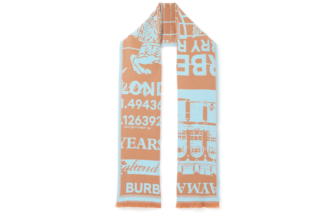 (Women) Burberry  Wool Jacquard Scarf Warm Knit Light Orange/Blue. 80692641
