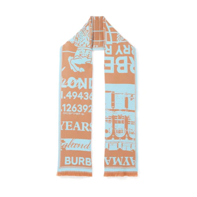 (Women) Burberry Wool Jacquard Scarf Warm Knit Light Orange/Blue. 80692641