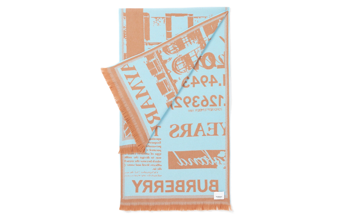 (Women) Burberry  Wool Jacquard Scarf Warm Knit Light Orange/Blue. 80692641 圖 3