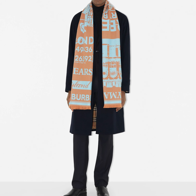 (Women) Burberry  Wool Jacquard Scarf Warm Knit Light Orange/Blue. 80692641 圖 5