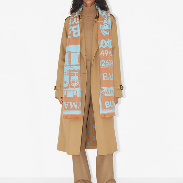 (Women) Burberry  Wool Jacquard Scarf Warm Knit Light Orange/Blue. 80692641 圖 6