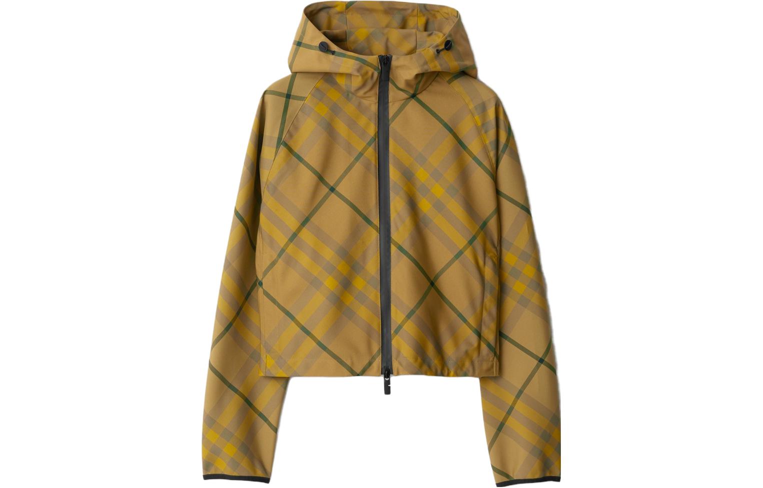 (Women) Burberry  Yellow Checkered Zip-Up Raglan Sleeve Hooded Jacket. 80823181