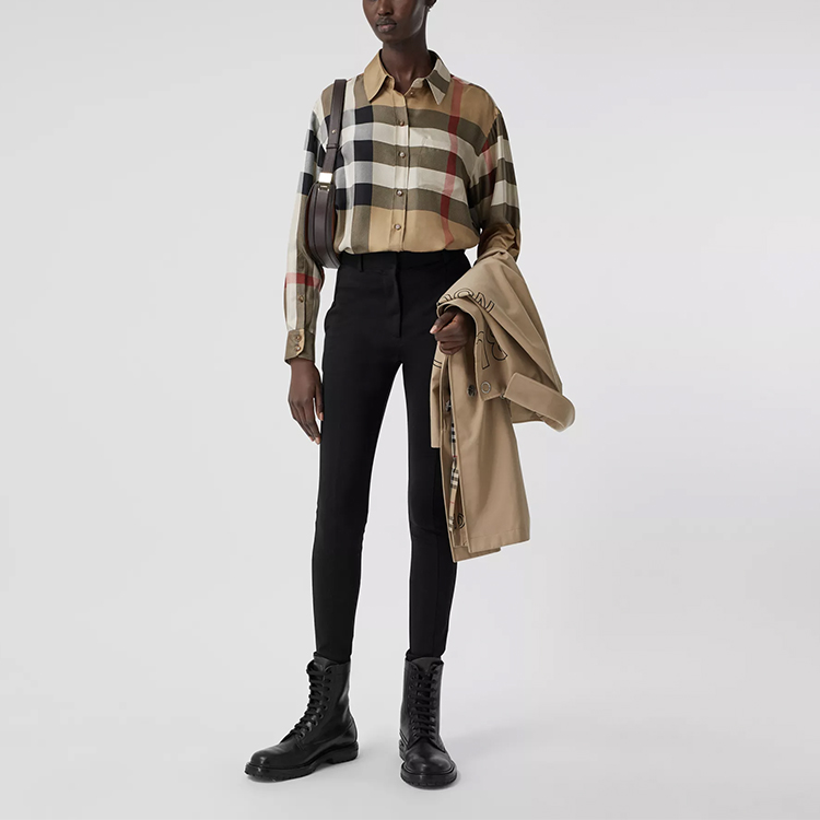 (Women) Burberry Beige Check Print Loose Long Sleeve Shirt 80340901 圖 3