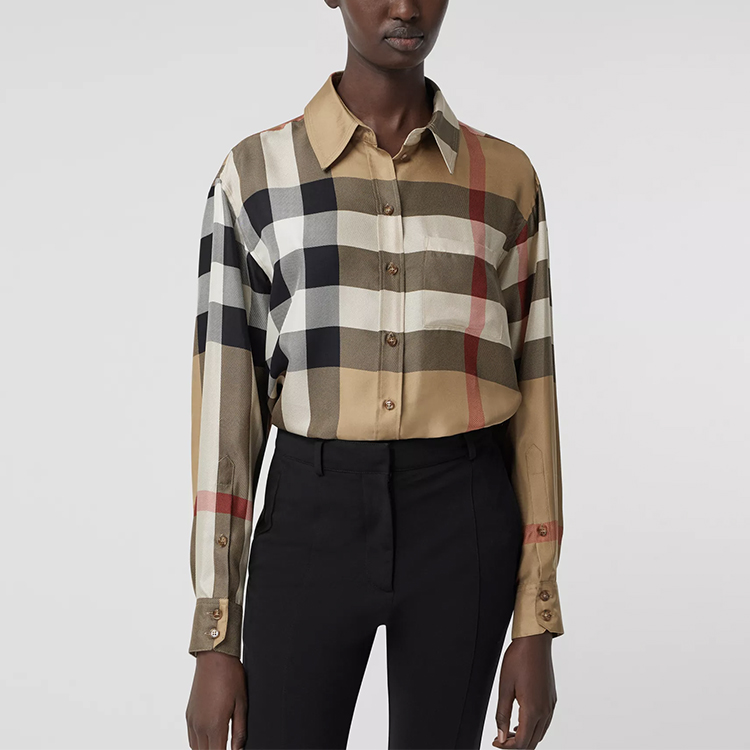 (Women) Burberry Beige Check Print Loose Long Sleeve Shirt 80340901 圖 4