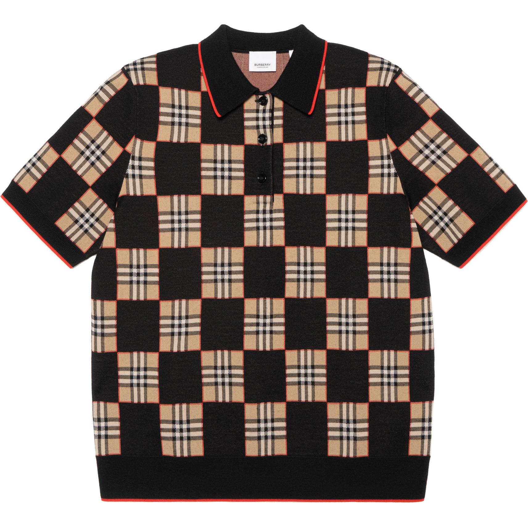 (Women) Burberry Black Check Pattern Merino Wool Blend Jacquard Polo Shirt 80300531