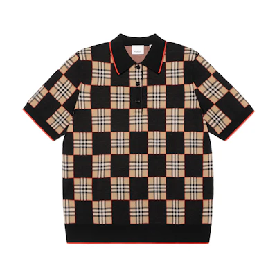 (Women) Burberry Black Check Pattern Merino Wool Blend Jacquard Polo Shirt 80300531
