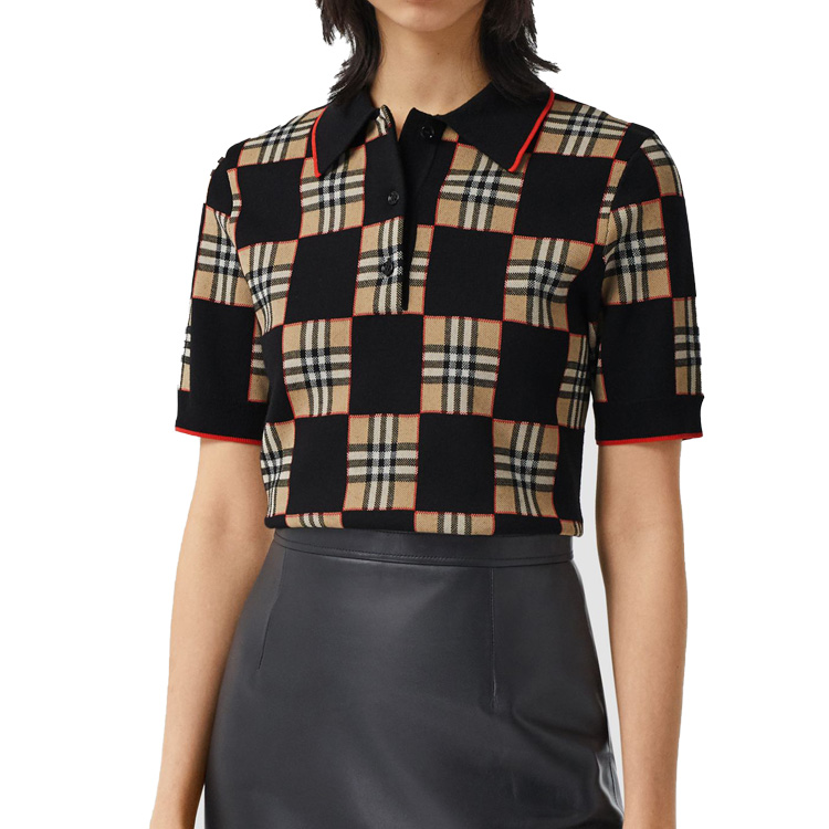 (Women) Burberry Black Check Pattern Merino Wool Blend Jacquard Polo Shirt 80300531 圖 4