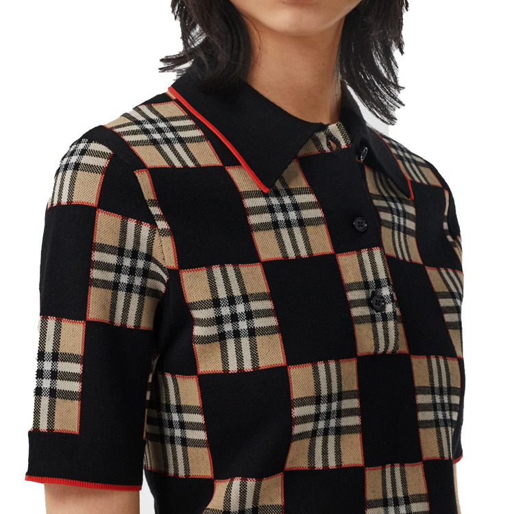 (Women) Burberry Black Check Pattern Merino Wool Blend Jacquard Polo Shirt 80300531 圖 5