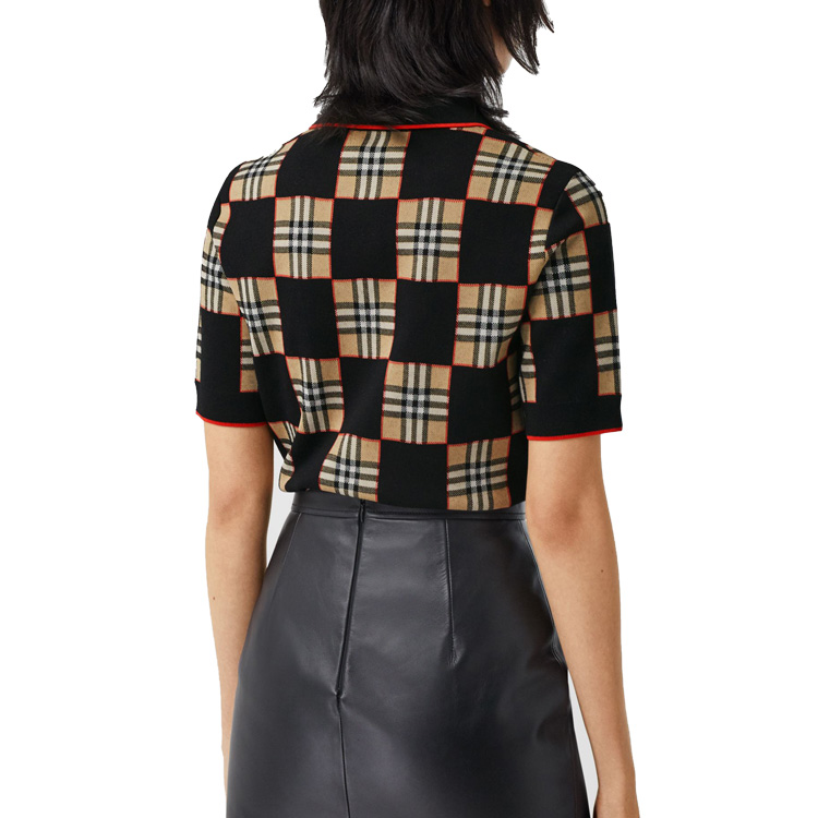 (Women) Burberry Black Check Pattern Merino Wool Blend Jacquard Polo Shirt 80300531 圖 6