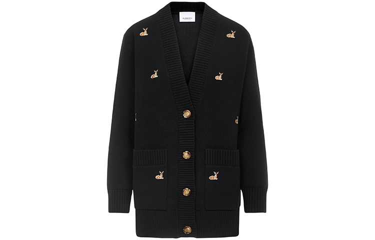 (Women) Burberry Black Wool-Cashmere Cardigan Jacket with Deer Pattern 80322671