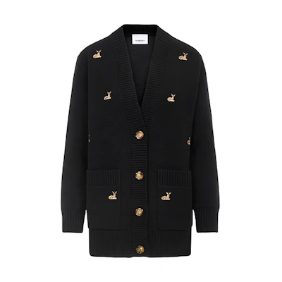 (Women) Burberry Black Wool-Cashmere Cardigan Jacket with Deer Pattern 80322671