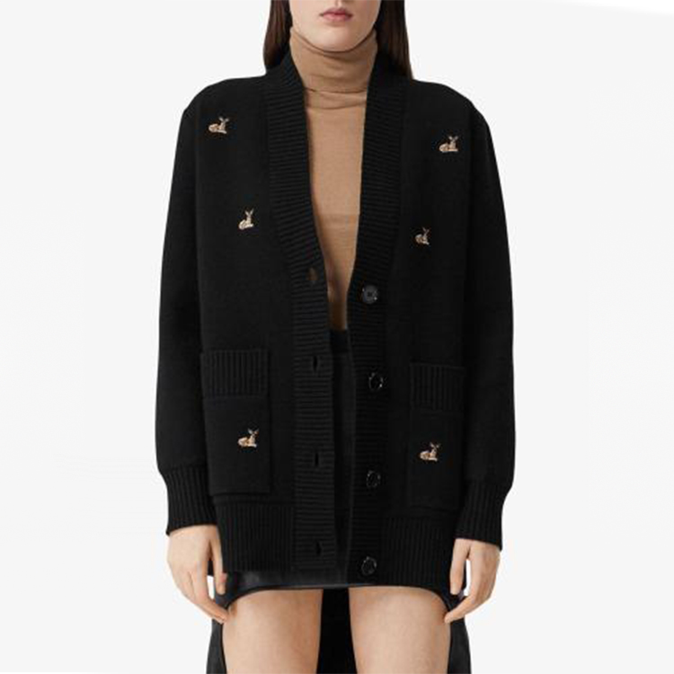 Shop (W) Burberry Jaket Kardigan Wol-Kasmir Hitam dengan Motif Rusa 80322671