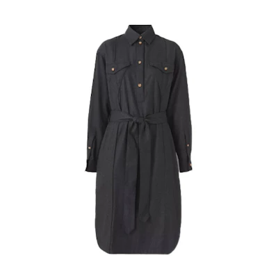 (Women) Burberry Black Wool Belted Button-Up Long-Sleeve Dress with Logo Design 80448301
