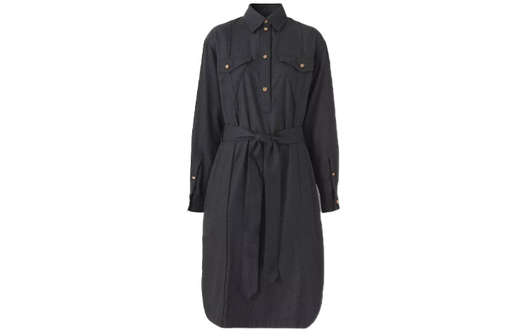 (Women) Burberry Black Wool Belted Button-Up Long-Sleeve Dress with Logo Design 80448301 圖 2