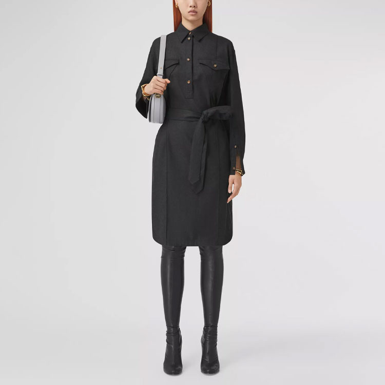 (Women) Burberry Black Wool Belted Button-Up Long-Sleeve Dress with Logo Design 80448301 圖 3