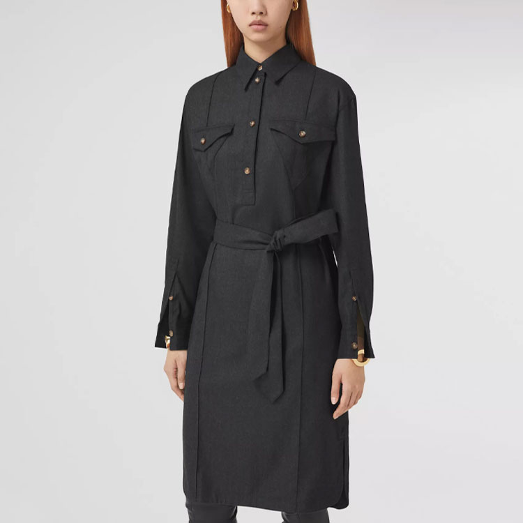 (Women) Burberry Black Wool Belted Button-Up Long-Sleeve Dress with Logo Design 80448301 圖 4