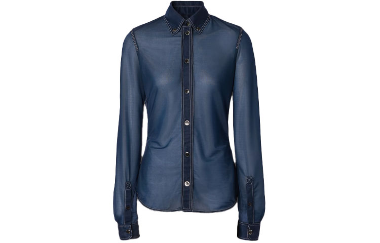 (Women) Burberry Blue Stretch Long Sleeve Shirt with Point Collar 45678361