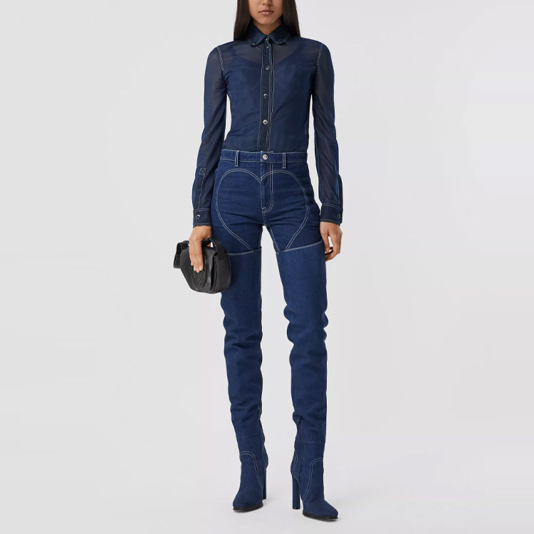 Shop (W) 巴宝莉蓝色弹力尖领长袖衬衫 45678361