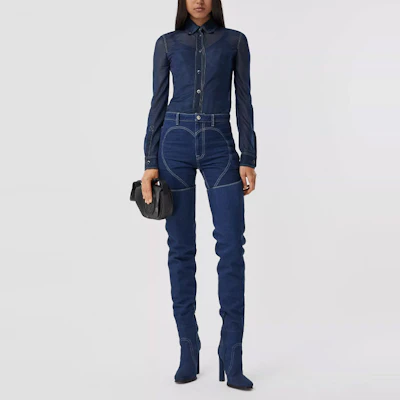 (Women) Burberry Blue Stretch Long Sleeve Shirt with Point Collar 45678361 Shop (Women) Burberry Blue Stretch Long Sleeve Shirt with Point Collar 45678361