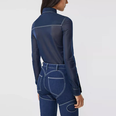 (Women) Burberry Blue Stretch Long Sleeve Shirt with Point Collar 45678361 Purchase (Women) Burberry Blue Stretch Long Sleeve Shirt with Point Collar 45678361