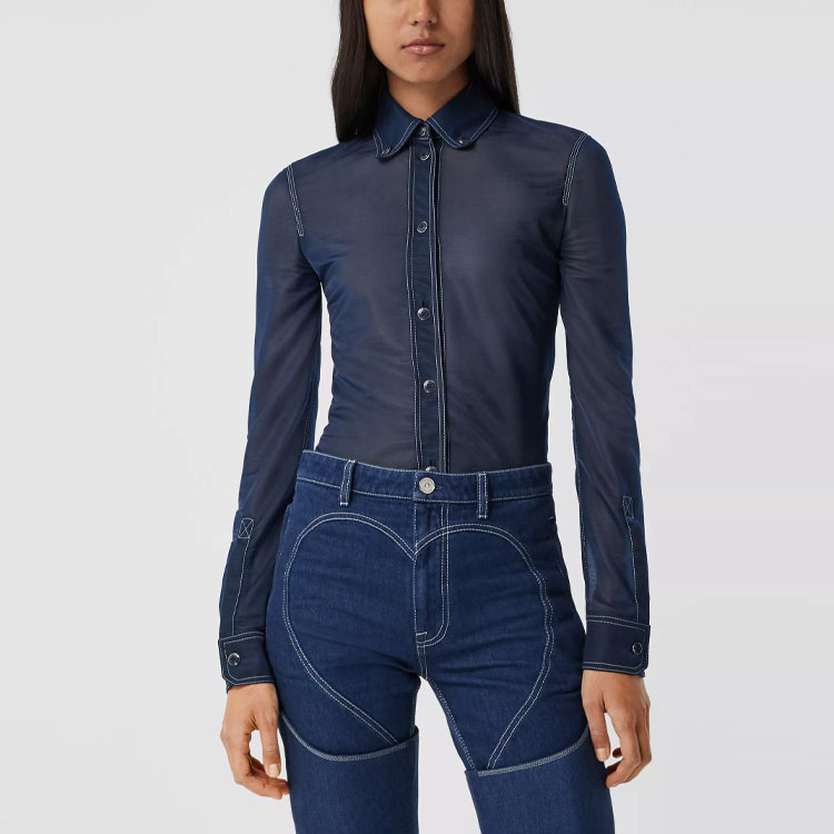 Details for (W) 巴宝莉蓝色弹力尖领长袖衬衫 45678361