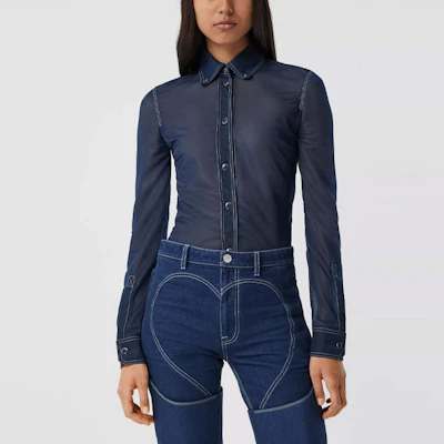 (Women) Burberry Blue Stretch Long Sleeve Shirt with Point Collar 45678361 Details for (Women) Burberry Blue Stretch Long Sleeve Shirt with Point Collar 45678361