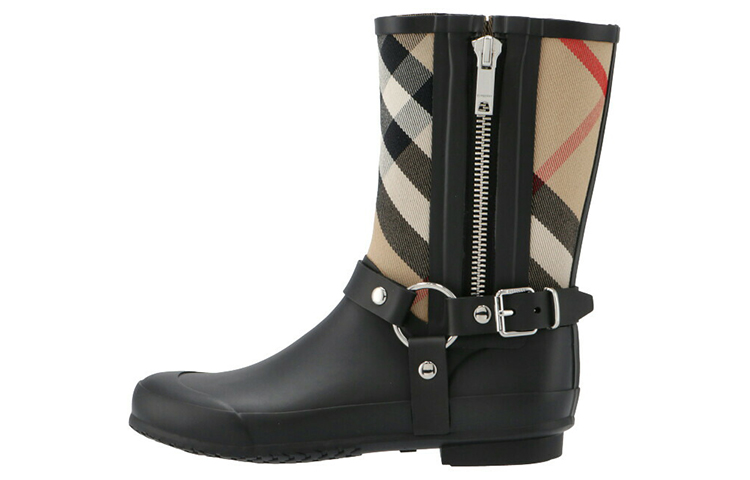 (W) Burberry Buckle Detail Check Ankle Boots 'Black Check'