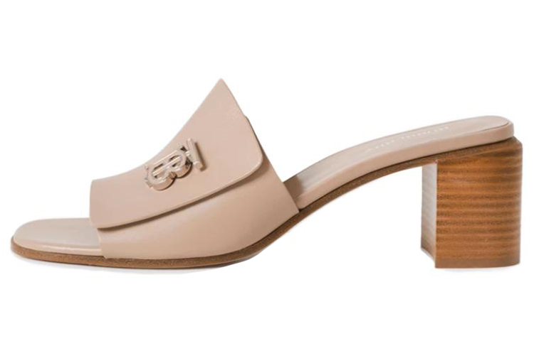 (W) Burberry Calfskin Logo Block Heel Fashion Slide 'Nude'