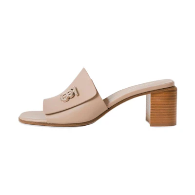 (W) Burberry Calfskin Logo Block Heel Fashion Slide 'Nude'