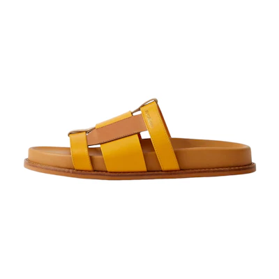 (W) Burberry Calfskin Logo Flat Slide 'Yellow Brown'