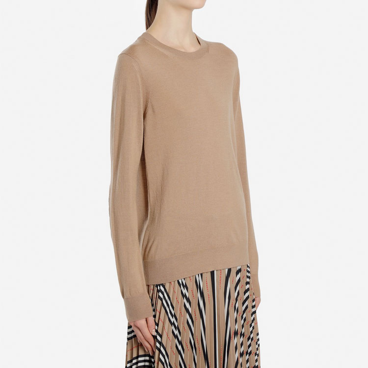 Details for (W) バーバリー キャメル ソリッド クルーネック カジュアル ニット セーター 8017020