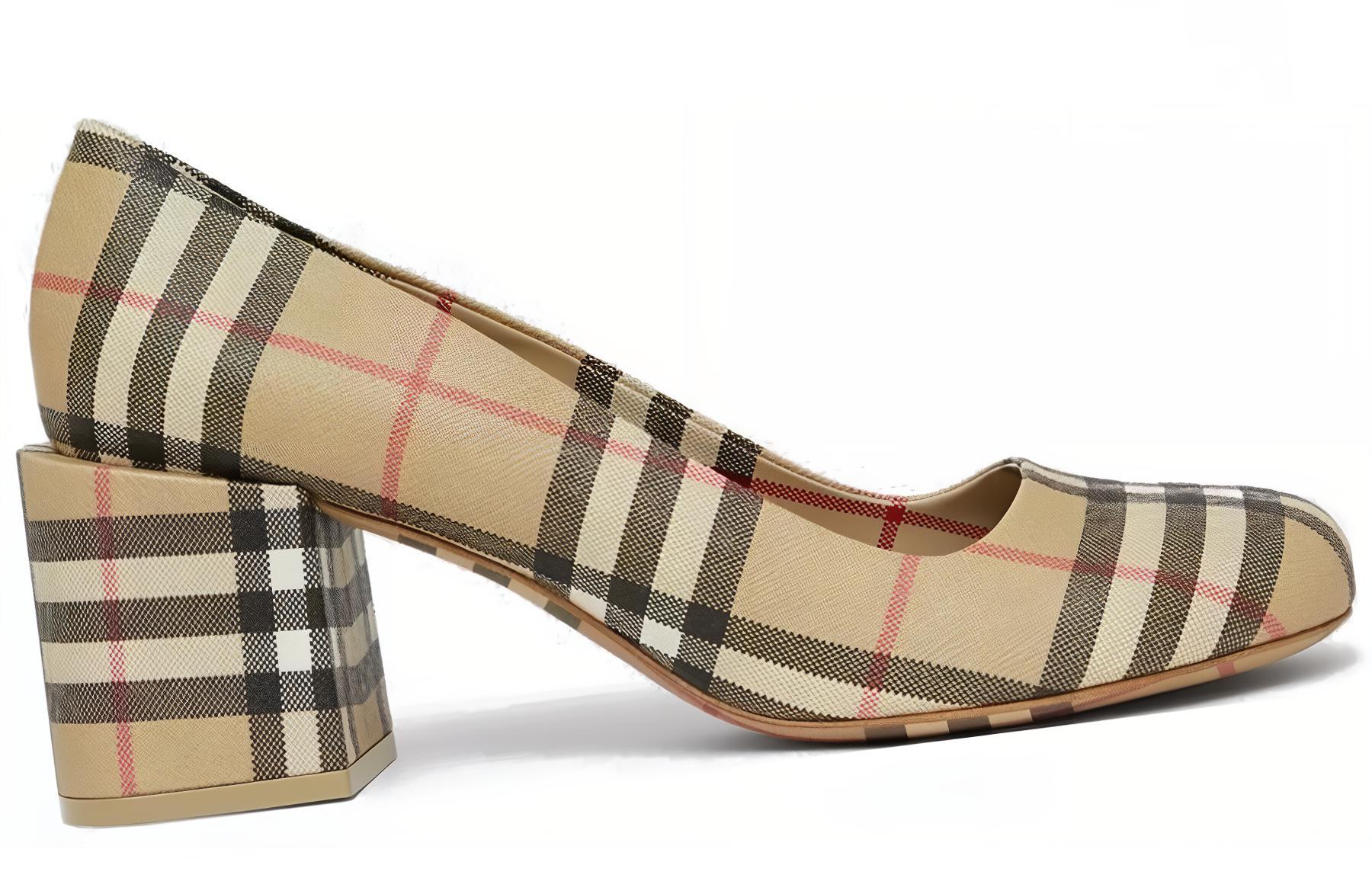 Order Burberry博柏利 棉布 格紋套足 粗跟 高筒鞋 6.5cm 女款 典藏米色