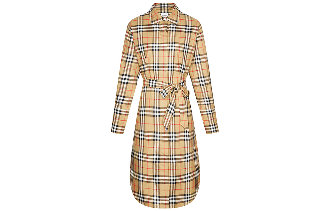 Order (W) Burberry 經典格紋長袖腰帶中長襯衫裙 - 復古黃 80139461