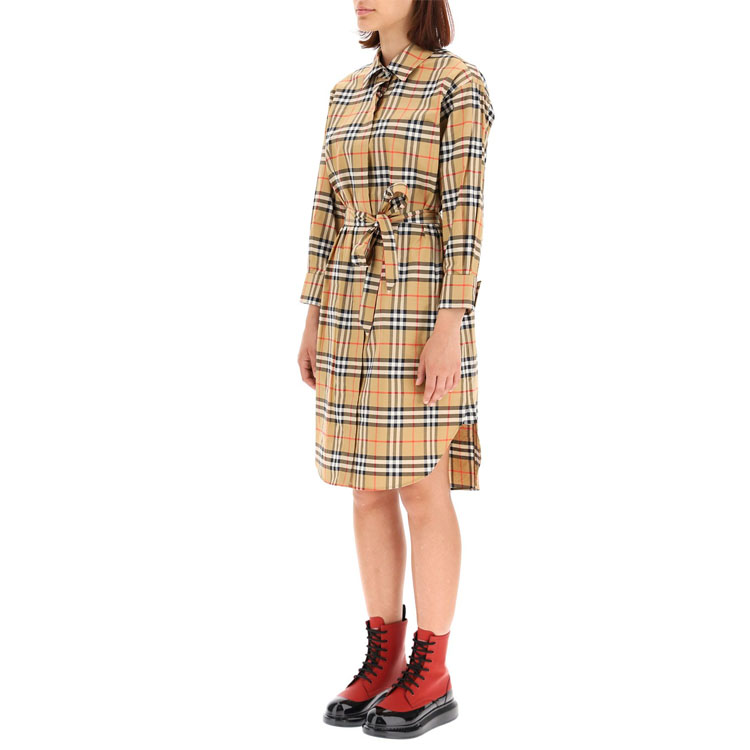 Shop (W) Burberry 經典格紋長袖腰帶中長襯衫裙 - 復古黃 80139461