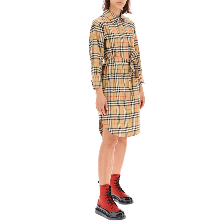 Details for (W) Burberry 經典格紋長袖腰帶中長襯衫裙 - 復古黃 80139461