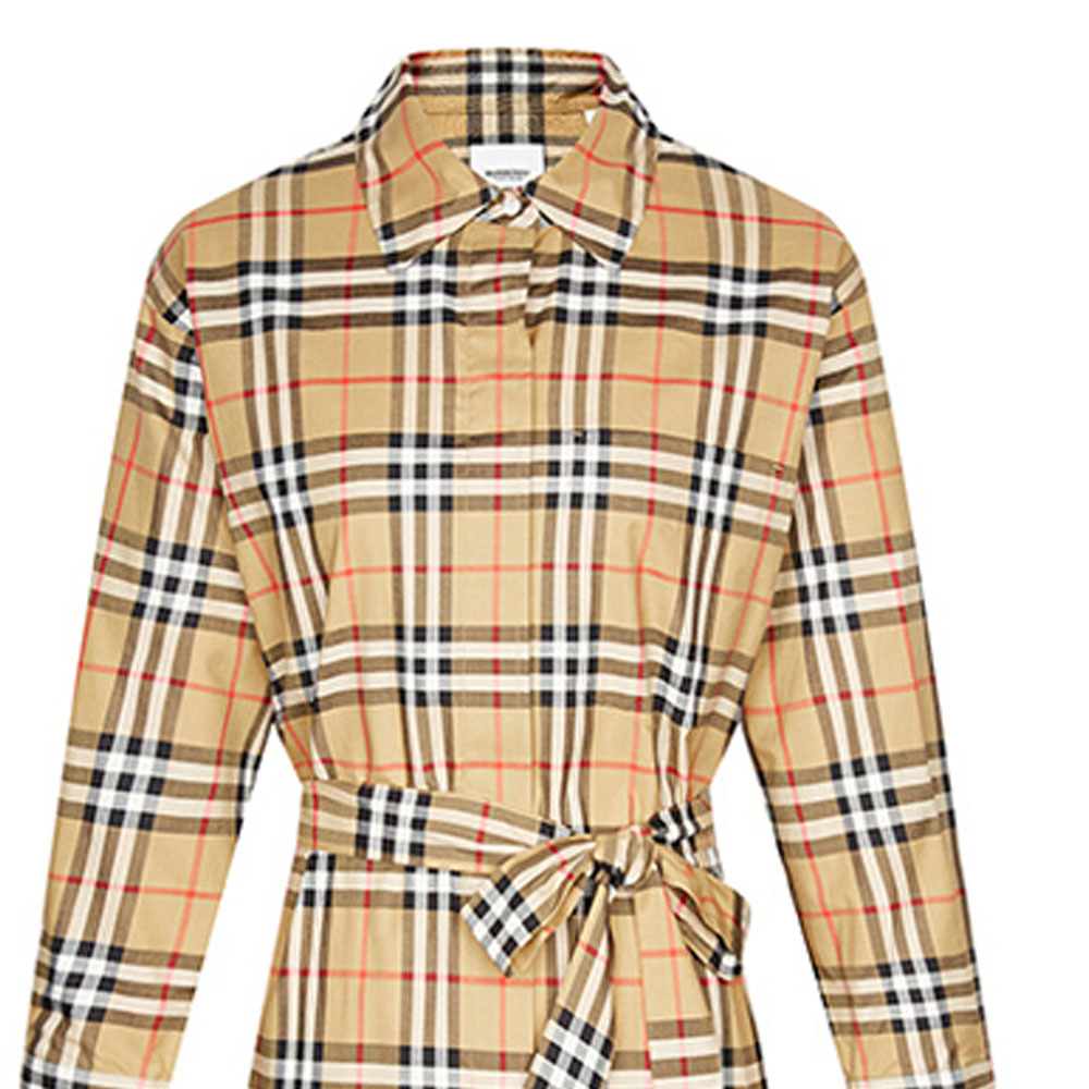 Sizing (W) Burberry 經典格紋長袖腰帶中長襯衫裙 - 復古黃 80139461