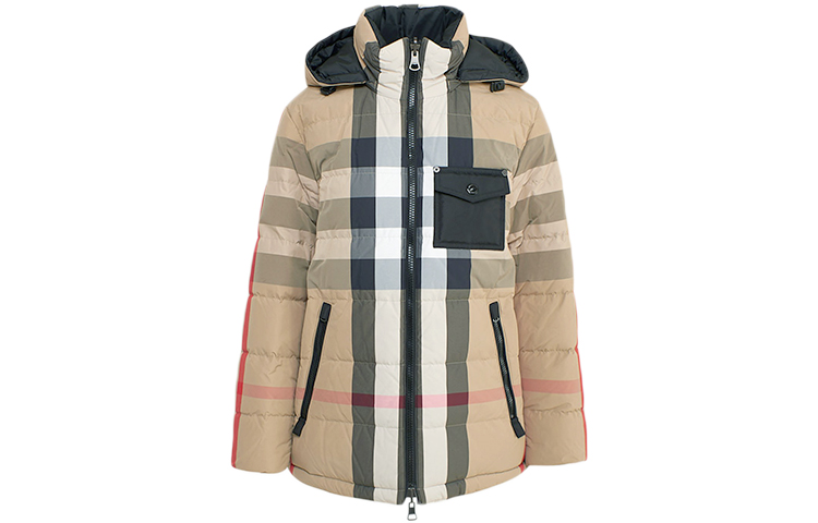 (Women) Burberry Check Hooded Fitted Down Jacket Colorblocked 80334301
