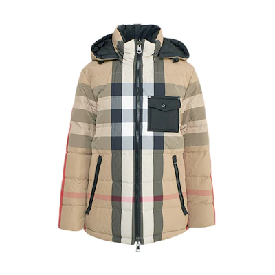 (Women) Burberry Check Hooded Fitted Down Jacket Colorblocked 80334301