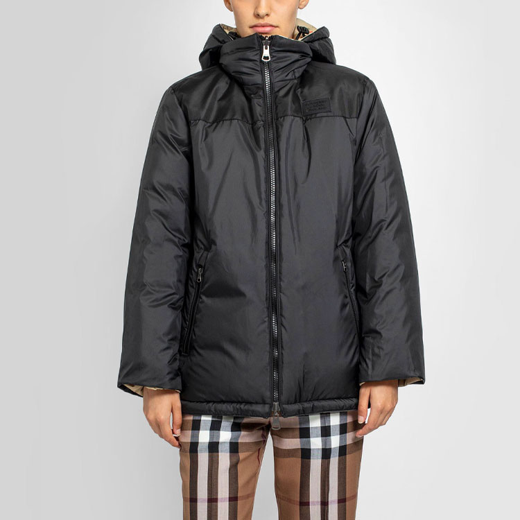 Shop (Women) Burberry Check Hooded Fitted Down Jacket Colorblocked 80334301
