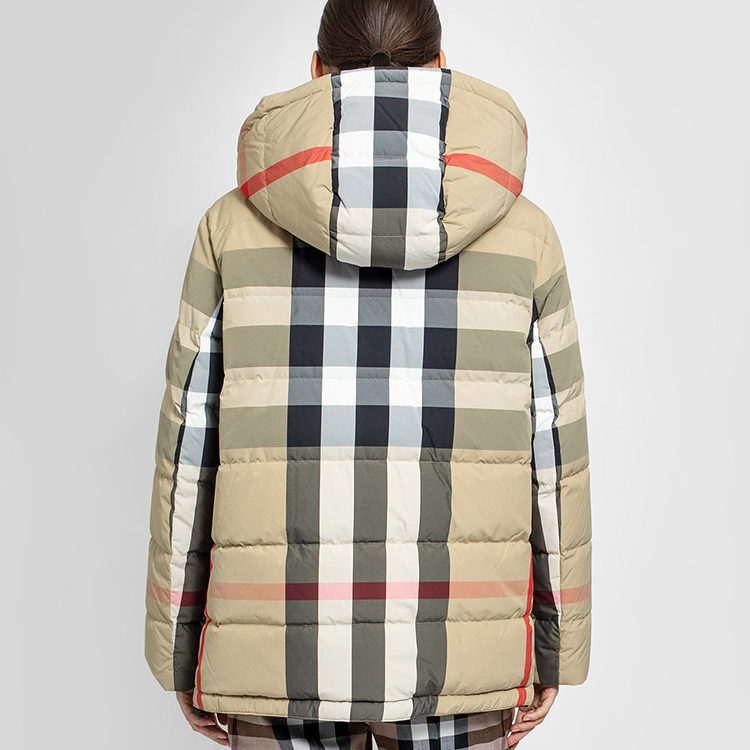Cheap (Women) Burberry Check Hooded Fitted Down Jacket Colorblocked 80334301
