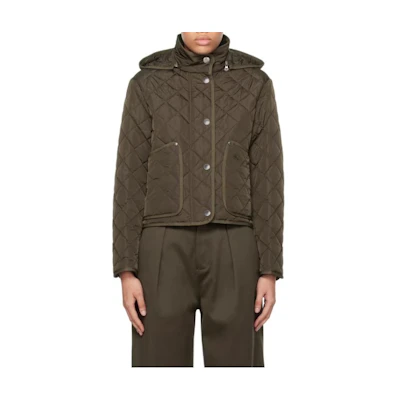 (Women) Burberry Check Hooded Single-Breasted Jacket Army Green 80757601